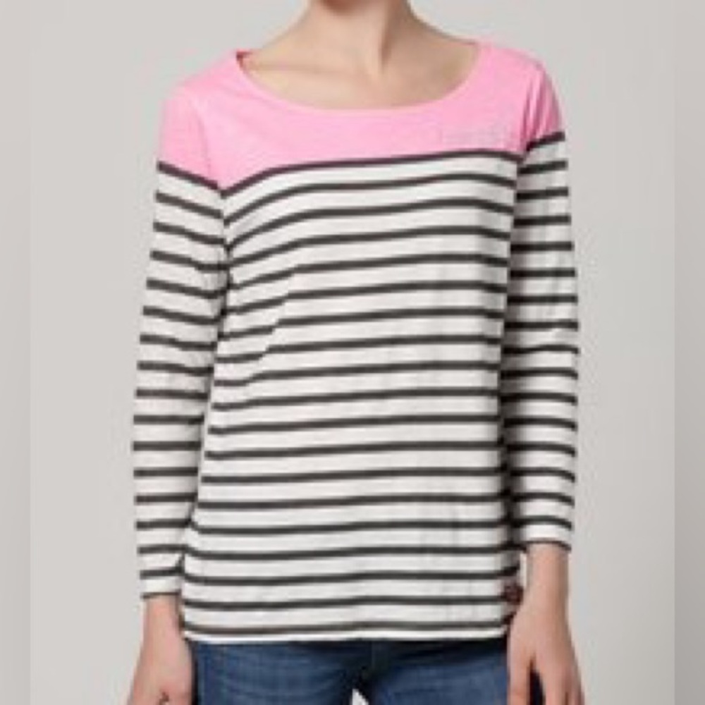 J. Crew Neon Pink and Black Striped Long Sleeve Tee Small